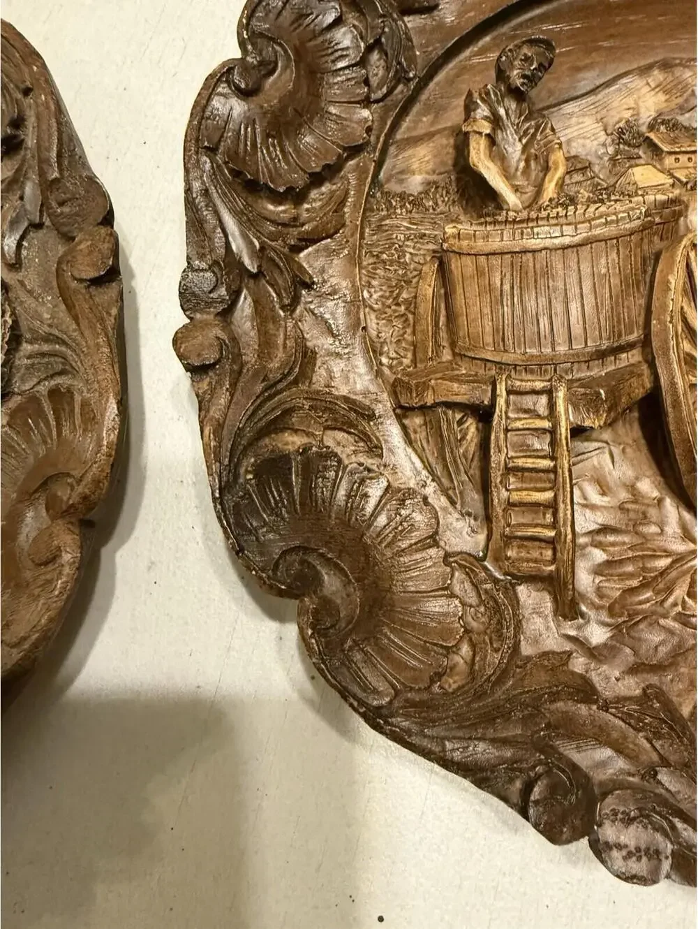 2 Vintage faux carved wood wall plaque/plates; colonial, country, farmhouse